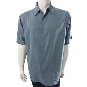 Claiborne Mens Blue Silk Tropical Jacquard Short Sleeve Button Down Shirt XL